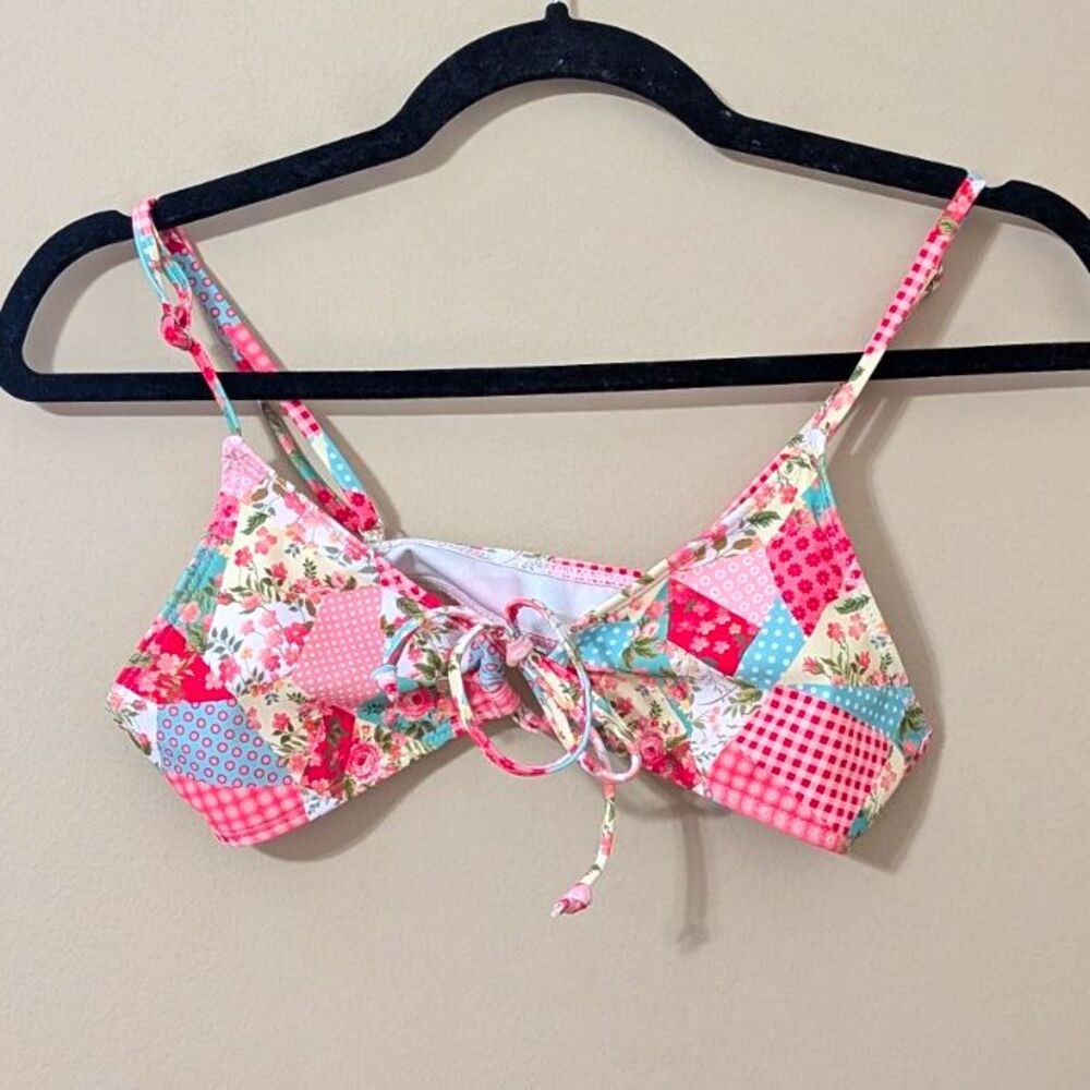 Multicolor Patchwork Floral Bikini Top Gingham Tie Front Spaghetti Strap Sz S